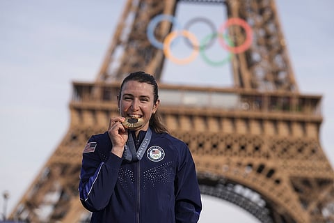 Women's road cycling medal ceremony: Gold medalist Kristen Faulkner, of the United States